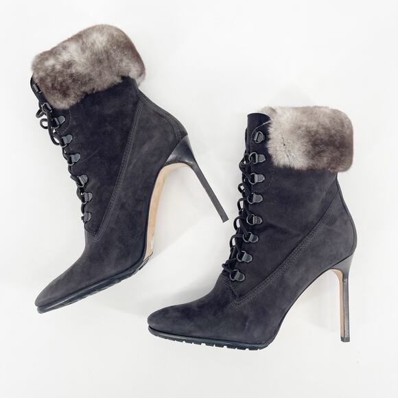 Manolo Blahnik Y2K Oklamod Dark Taupe Suede Fur Trim Lace Up Ankle Boots IT 38 - Picture 4 of 11